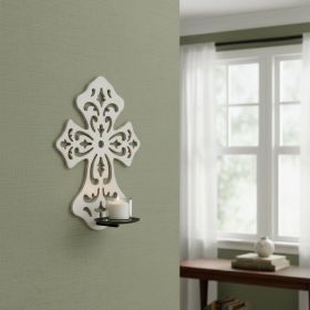 15.5 X 5 X 11 White Wooden Cross - Candle Holder Sconce