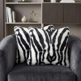 Set of Two 18" Black and White Faux Fur Throw Pillow