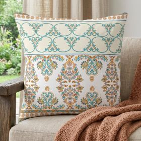 18" X 18" Orange And Teal Stencil Blown Seam Suede Throw Pillow