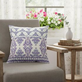 16" X 16" White And Purple Stencil Blown Seam Suede Throw Pillow