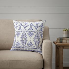 16" X 16" White And Blue Stencil Blown Seam Suede Throw Pillow
