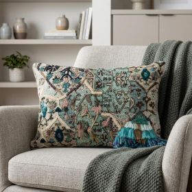 14" X 20" Beige and Green Cotton Throw Pillow With Fringe