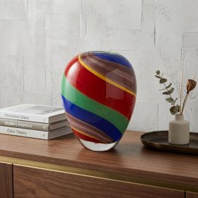 9" Red and Green Murano Glass Striped Round Table Vase
