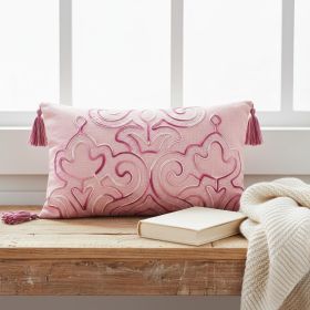 13" X 20" Pink Embroidered Damask Throw Pillow With Tassels