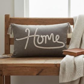 13" X 20" GreyTaupe And White Text Zippered Polyester Throw Pillow With Tassels