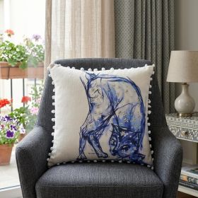 18" X 18" Blue And White Abstract Cat Throw Pillow With Pom Poms