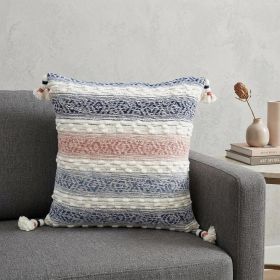 22" X 22" Blue And Peach Southwestern Stripe Handmade Throw Pillow With Tassels