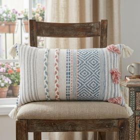 14" X 24" Blue And Pink Ribbed Zippered Handmade Cotton Blend Throw Pillow With Tassels