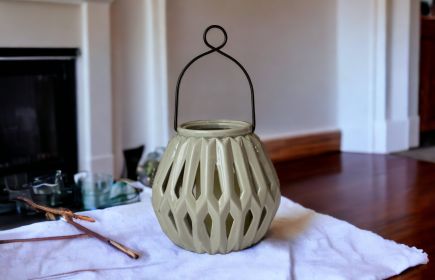 6" Graphite Ceramic Geometric Centerpiece Lantern Candle Holder With Candle