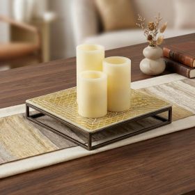 Set of Three Gold Flameless Pillar Candles With Holder