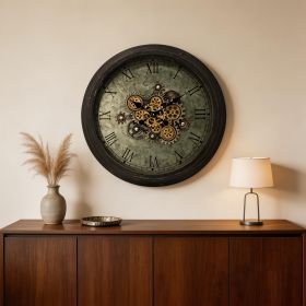 28" Circle Black and Gray Wood and Glass Analog Exposed Gear Wall Clock