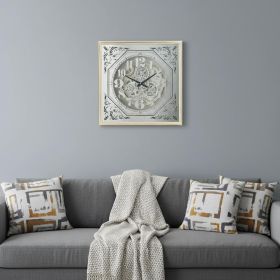 24" Square Gold and Silver Wood and Mirror Exposed Gear Wall Clock