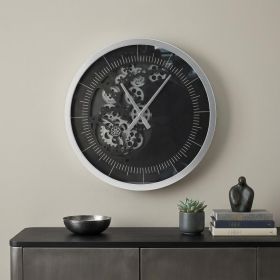 23" Circle Black and Silver Wood and Glass Analog Wall Clock