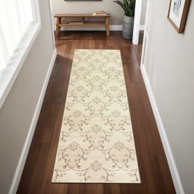 8' Runner Beige Green And Brown Floral Stain Resistant Runner Rug