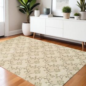 4' X 6' Beige Green and Brown Floral Vines Stain Resistant Area Rug