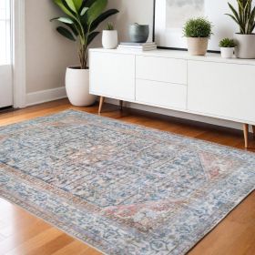 3' X 5' Latte And Blue Oriental Medallion Stain Resistant Area Rug