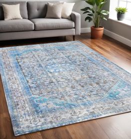5' X 7' Shades Of Azure Oriental Medallion Stain Resistant Area Rug