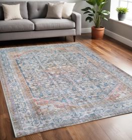 5' X 7' Latte and Blue Oriental Medallion Stain Resistant Area Rug