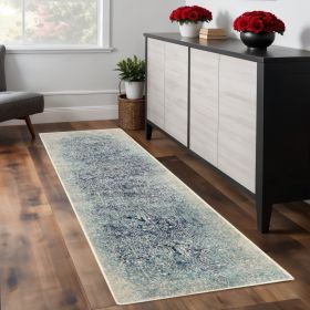 8' Navy Blue Medallion Stain Resistant Runner Rug