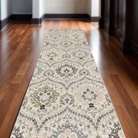 10' Beige Ivory And Brown Floral Stain Resistant Runner Rug