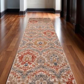 10' Ivory Orange And Gray Floral Stain Resistant Runner Rug