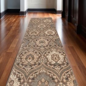 10' Ivory Beige And Light Blue Floral Stain Resistant Runner Rug