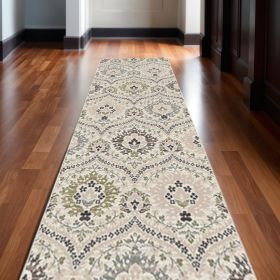 12' Ivory Gray And Olive Floral Stain Resistant Runner Rug