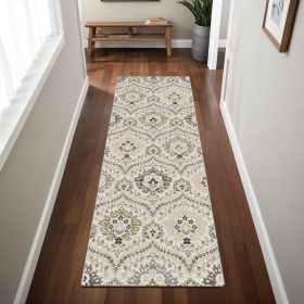 8' Ivory Gray And Olive Floral Stain Resistant Runner Rug