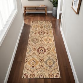 8' Camel Gray And Rust Floral Stain Resistant Runner Rug