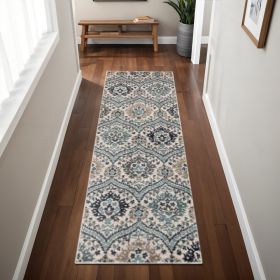 8' Ivory Blue And Gray Floral Stain Resistant Runner Rug
