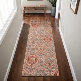8' Ivory Orange And Gray Floral Stain Resistant Runner Rug