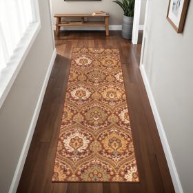8' Red Gold And Olive Floral Stain Resistant Runner Rug