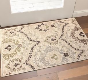 2' X 3' Ivory Gray And Olive Floral Stain Resistant Area Rug