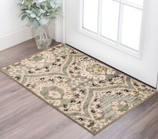 2' X 3' Ivory Beige And Light Blue Floral Stain Resistant Area Rug