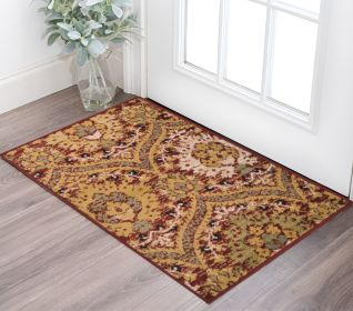 2' X 3' Red Gold And Olive Floral Stain Resistant Area Rug