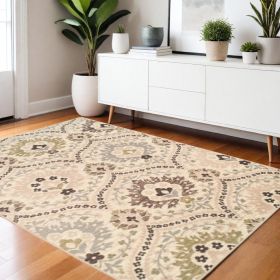 4' X 6' Ivory Gray And Olive Floral Stain Resistant Area Rug
