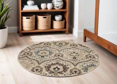 5' Round Ivory Gray And Olive Round Floral Stain Resistant Area Rug