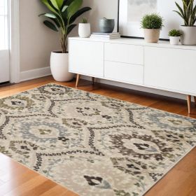 5' Square Ivory Gray And Olive Square Floral Stain Resistant Area Rug