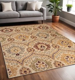 5' X 8' Camel Gray And Rust Floral Stain Resistant Area Rug