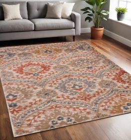 5' X 8' Ivory Orange And Gray Floral Stain Resistant Area Rug