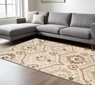 6' X 9' Ivory Gray And Olive Floral Stain Resistant Area Rug
