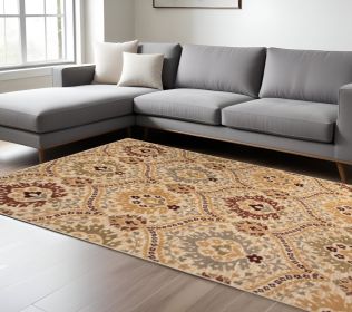 6' X 9' Camel Gray And Rust Floral Stain Resistant Area Rug