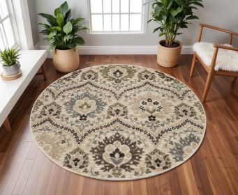 8' Round Ivory Gray And Olive Round Floral Stain Resistant Area Rug