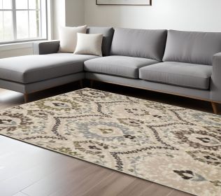 8' Square Ivory Gray And Olive Square Floral Stain Resistant Area Rug
