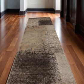 10' Beige Gray And Black Damask Distressed Stain Resistant Runner Rug