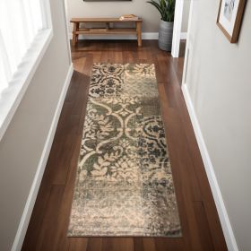8' Ivory Light Blue Damask Distressed Stain Resistant Runner Rug