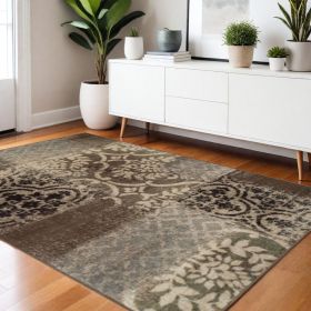 4' X 6' Ivory Light Blue Damask Distressed Stain Resistant Area Rug