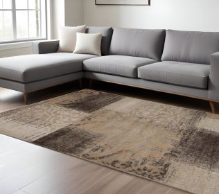 7' X 9' Beige Gray And Black Damask Distressed Stain Resistant Area Rug