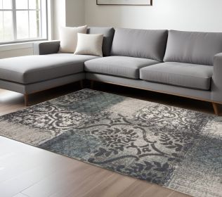 7' X 9' Teal And Gray Damask Distressed Stain Resistant Area Rug