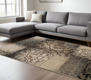8' X 10' Tan And Brown Damask Distressed Stain Resistant Area Rug
